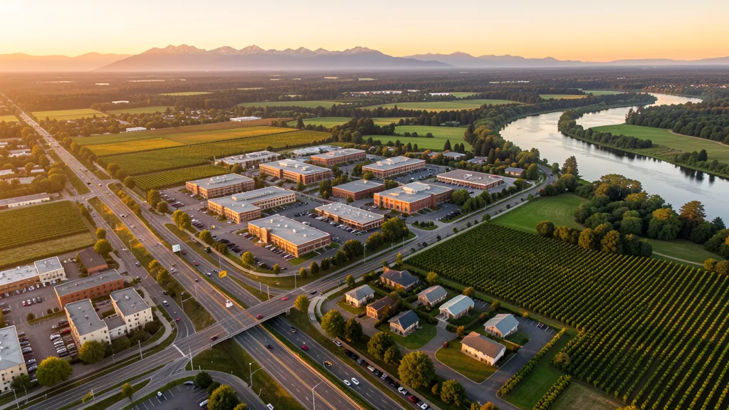 Aerial view of Newberg, OR showing the local landscape and terrain relevant to aerial imaging operations