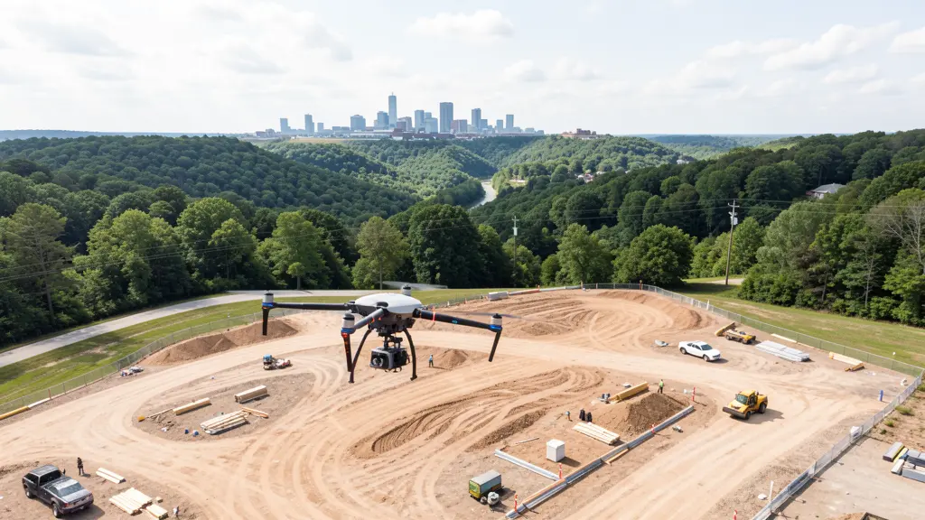 aerial imaging in progress at a construction site in Nixa, MO with local terrain visible