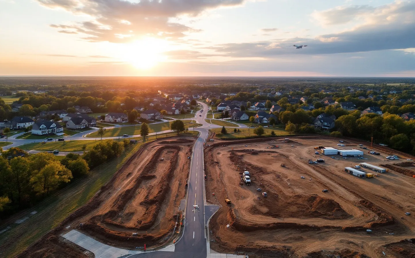 aerial imaging in progress at a construction site in Noblesville, IN with local terrain visible