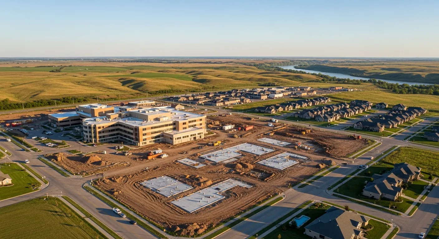aerial imaging in progress at a construction site in Norfolk, NE with local terrain visible