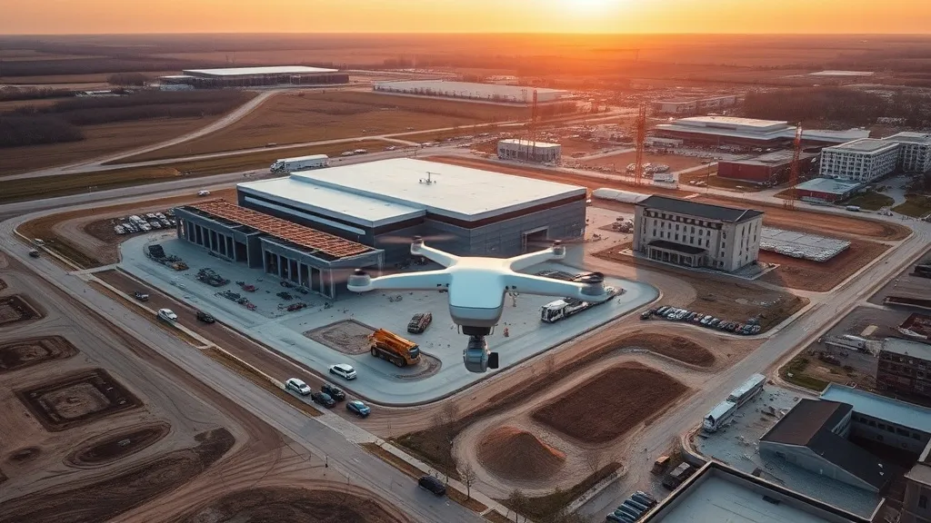 aerial imaging in progress at a construction site in Normal, IL with local terrain visible
