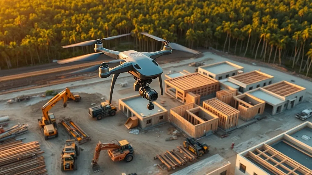 aerial imaging in progress at a construction site in North Port, FL with local terrain visible