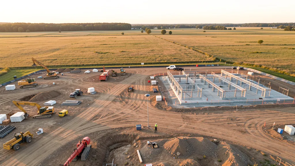 aerial imaging in progress at a construction site in Oak Brook, IL with local terrain visible