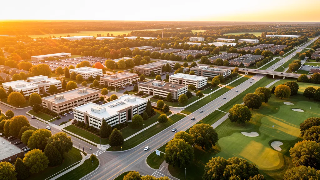 Aerial view of Oak Brook, IL showing the local landscape and terrain relevant to aerial imaging operations