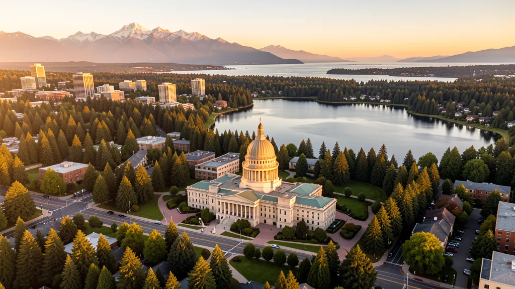 Aerial view of Olympia, WA showing the local landscape and terrain relevant to aerial imaging operations