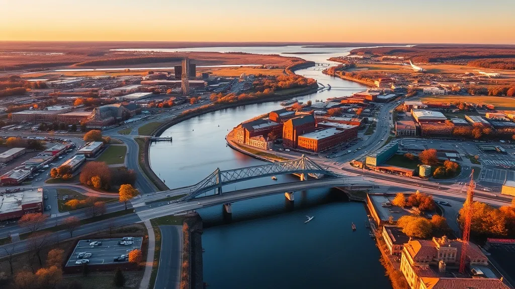 Aerial view of Oshkosh, WI showing the local landscape and terrain relevant to aerial imaging operations