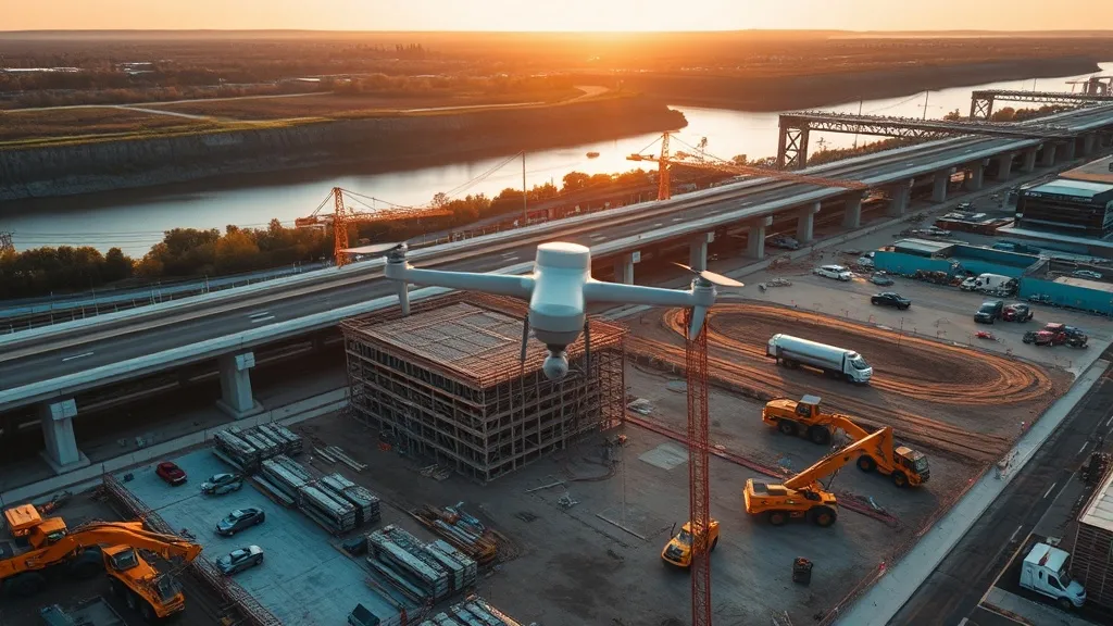aerial imaging in progress at a construction site in Peoria, IL with local terrain visible