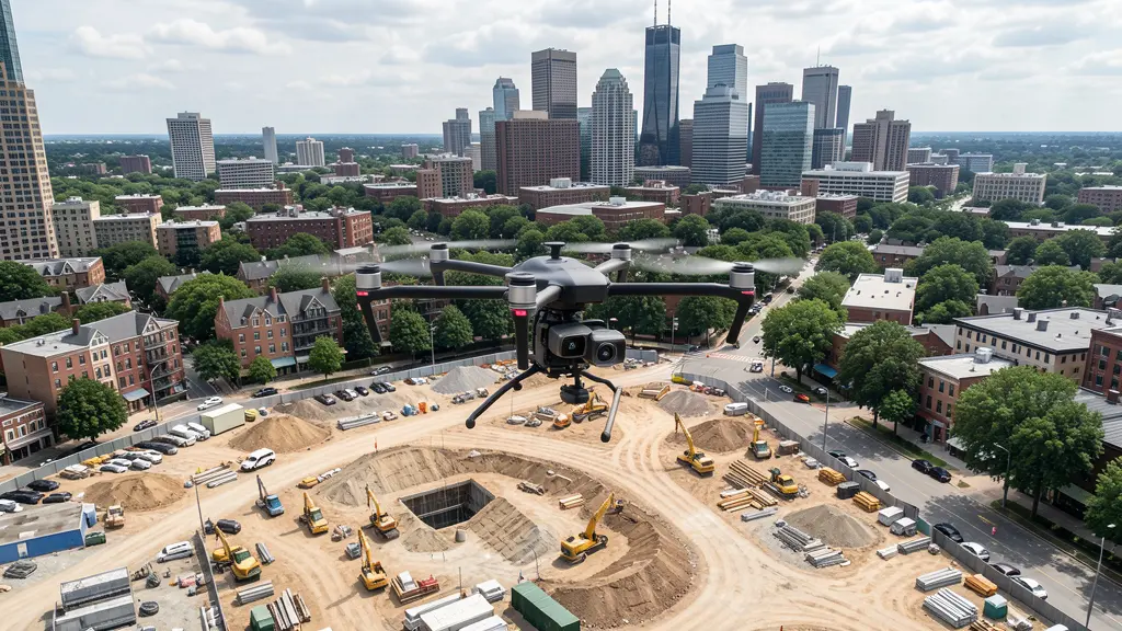 aerial imaging in progress at a construction site in Philadelphia, PA with local terrain visible