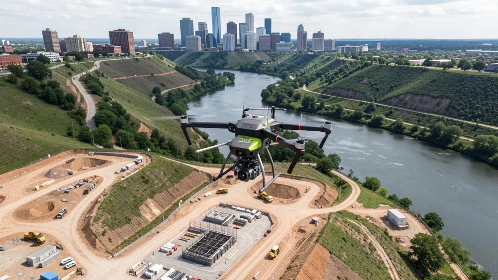 aerial imaging in progress at a construction site in Pittsburgh, PA with local terrain visible
