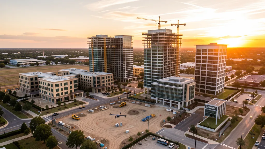 aerial imaging in progress at a construction site in Plano, TX with local terrain visible