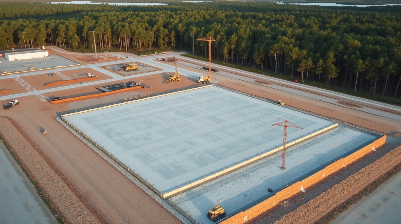 aerial imaging in progress at a construction site in Pooler, GA with local terrain visible