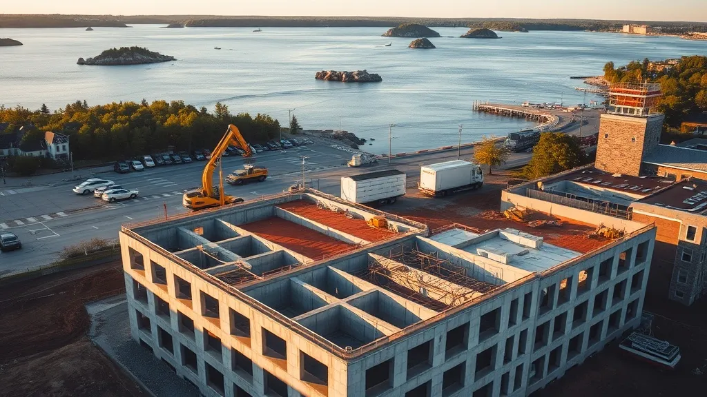 aerial imaging in progress at a construction site in Portland, ME with local terrain visible