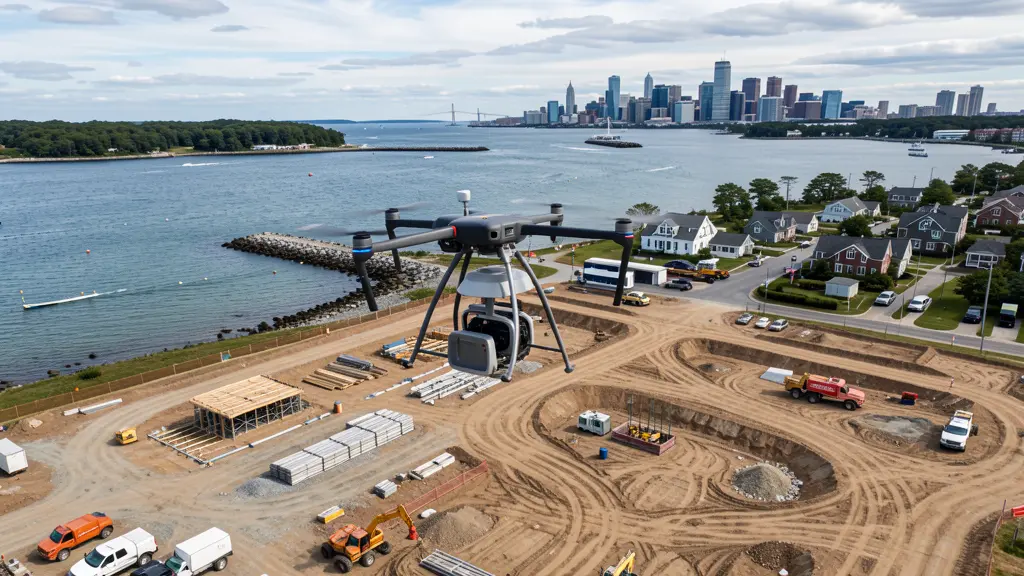 aerial imaging in progress at a construction site in Portsmouth, NH with local terrain visible