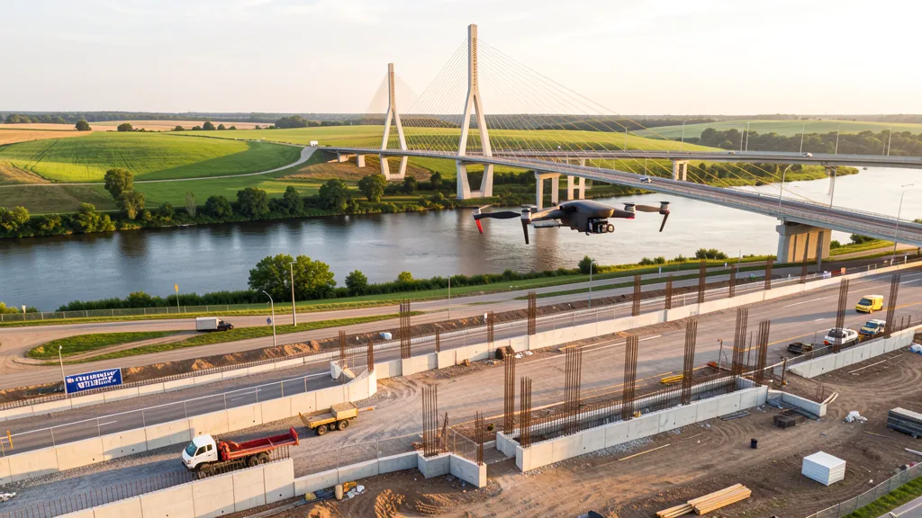 aerial imaging in progress at a construction site in Quincy, IL with local terrain visible