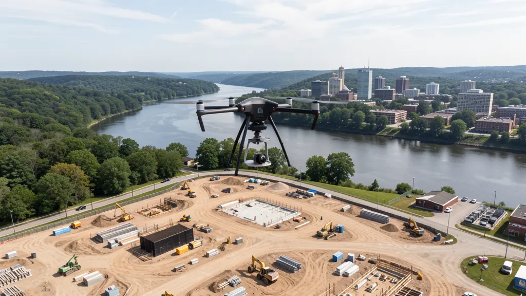 aerial imaging in progress at a construction site in Reading, PA with local terrain visible