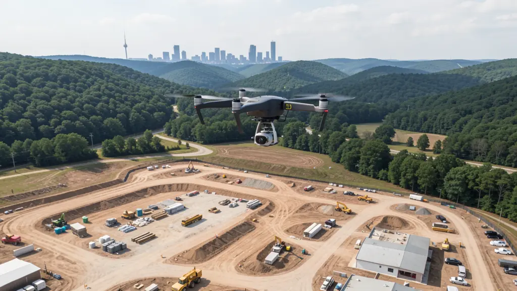 aerial imaging in progress at a construction site in Republic, MO with local terrain visible