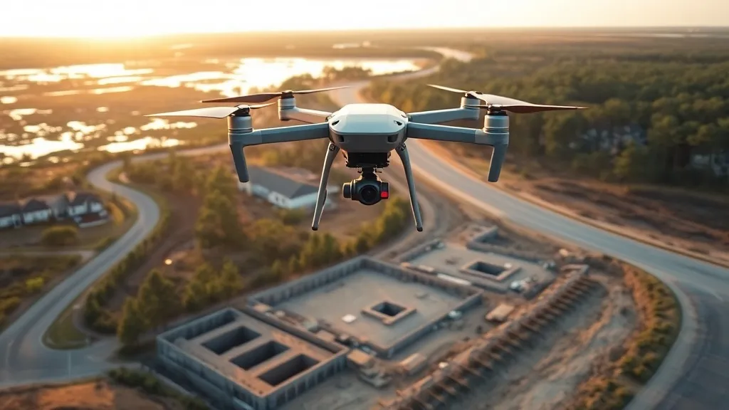 aerial imaging in progress at a construction site in Richmond Hill, GA with local terrain visible