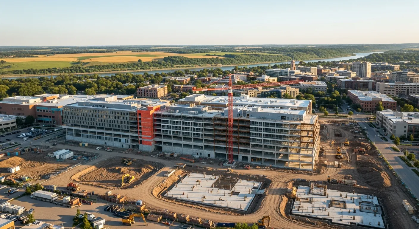 aerial imaging in progress at a construction site in Rochester, MN with local terrain visible