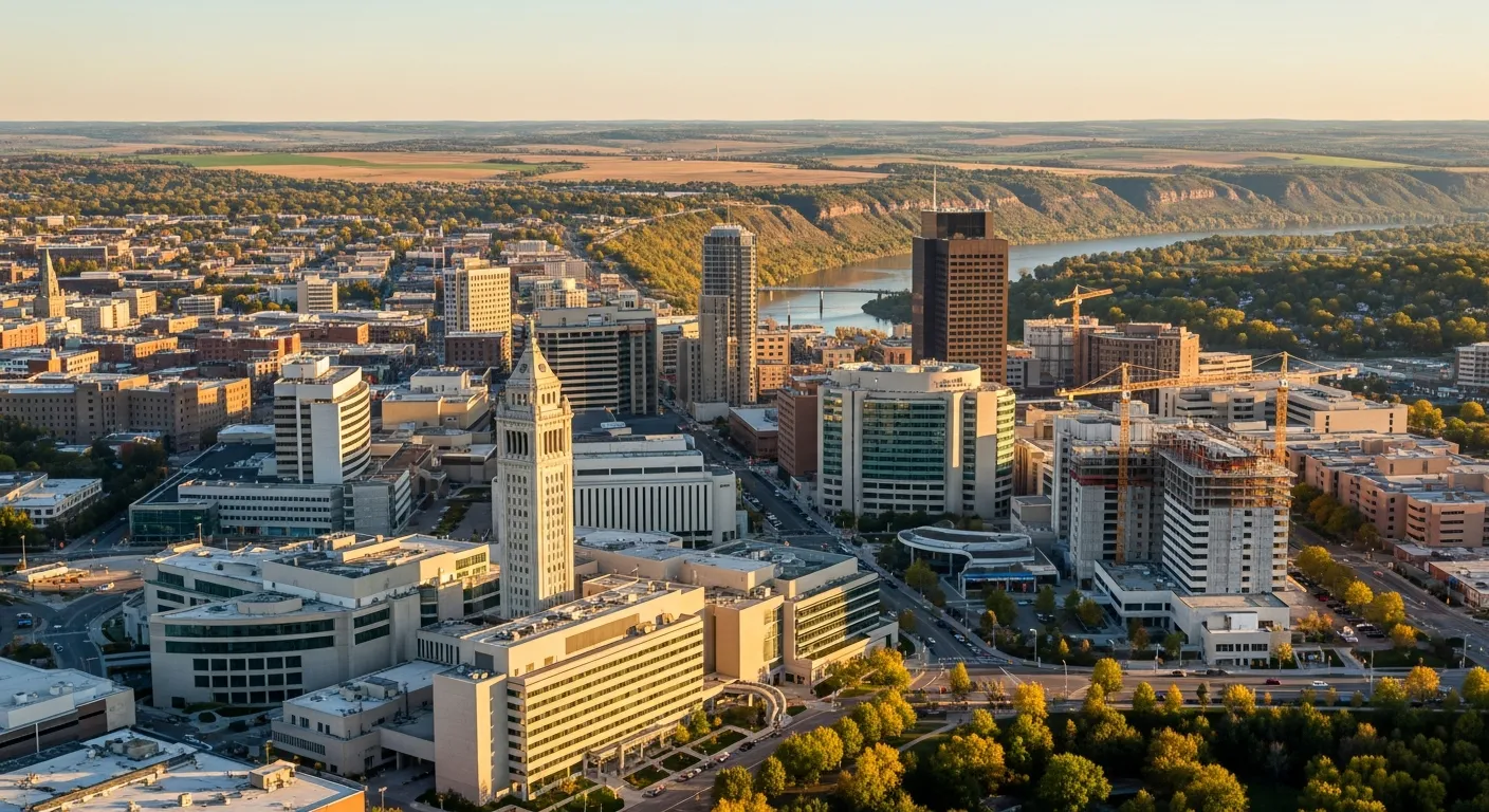 Aerial view of Rochester, MN showing the local landscape and terrain relevant to aerial imaging operations