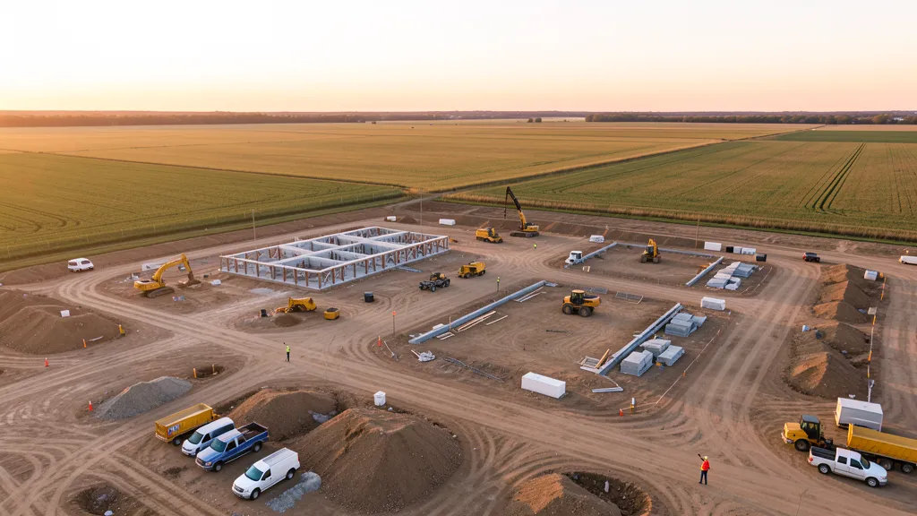 aerial imaging in progress at a construction site in Rock Island, IL with local terrain visible
