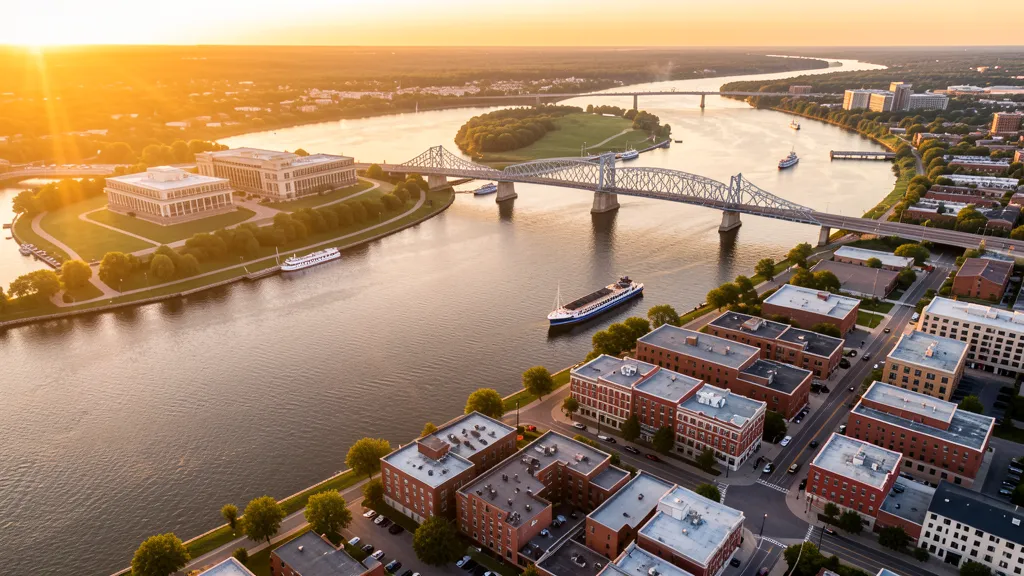 Aerial view of Rock Island, IL showing the local landscape and terrain relevant to aerial imaging operations