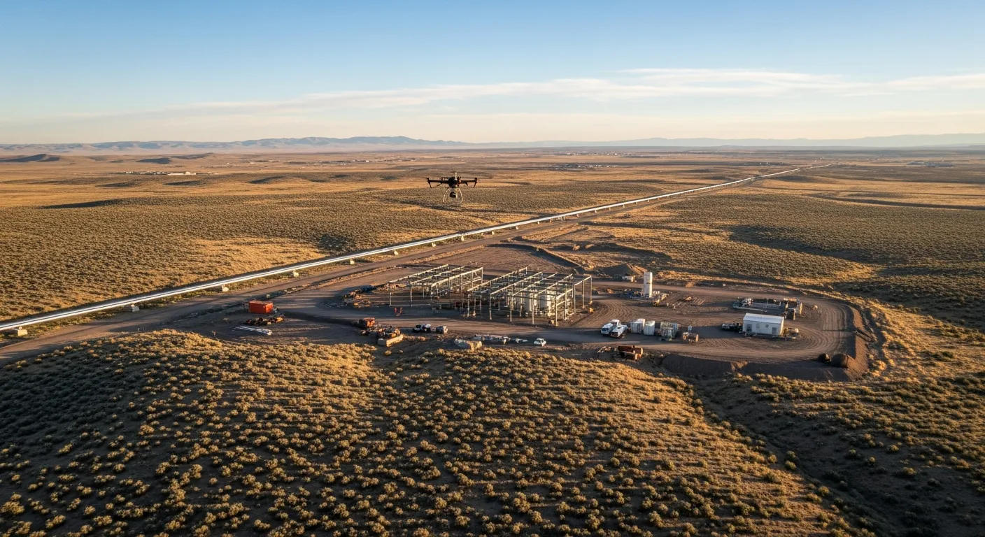 aerial imaging in progress at a construction site in Rock Springs, WY with local terrain visible