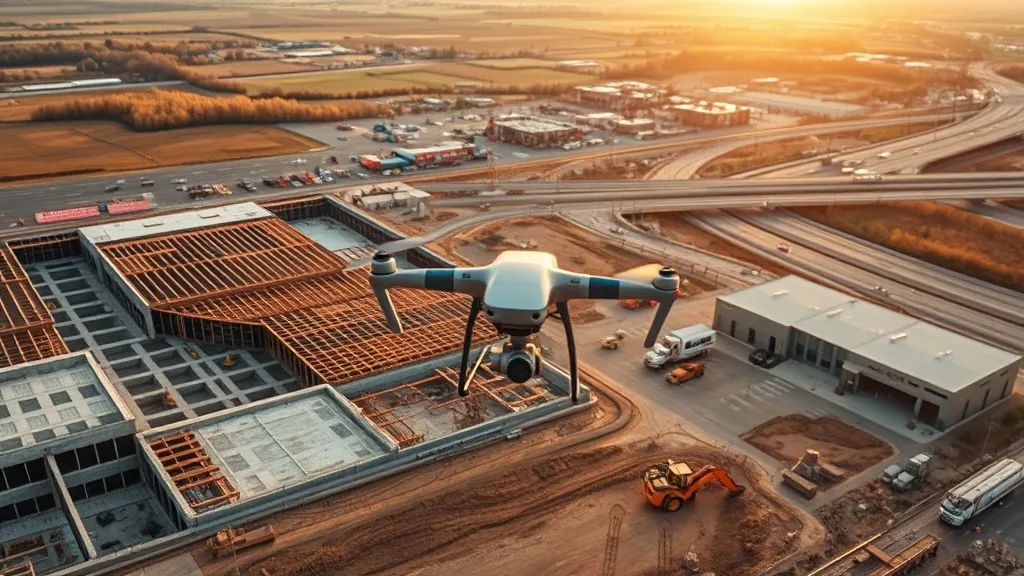 aerial imaging in progress at a construction site in Rockford, IL with local terrain visible