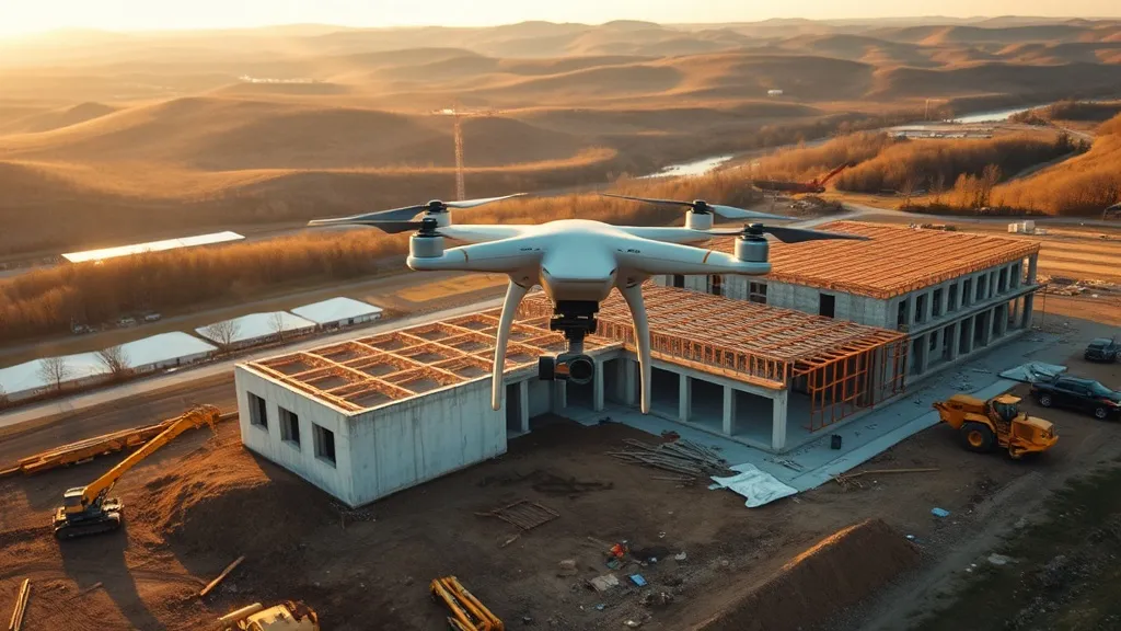aerial imaging in progress at a construction site in Russellville, AR with local terrain visible