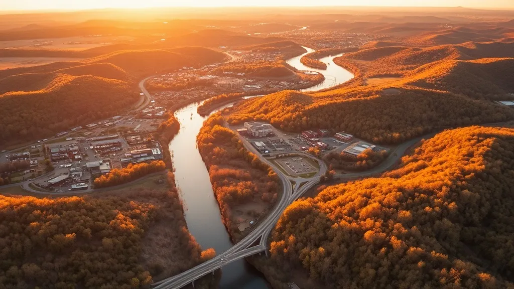 Aerial view of Russellville, AR showing the local landscape and terrain relevant to aerial imaging operations