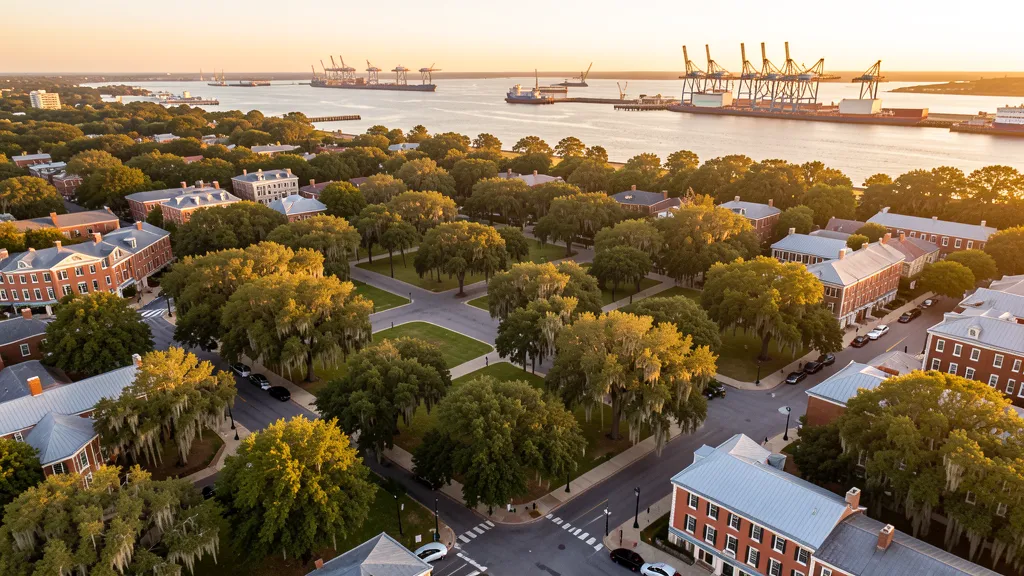 Aerial view of Savannah, GA showing the local landscape and terrain relevant to aerial imaging operations
