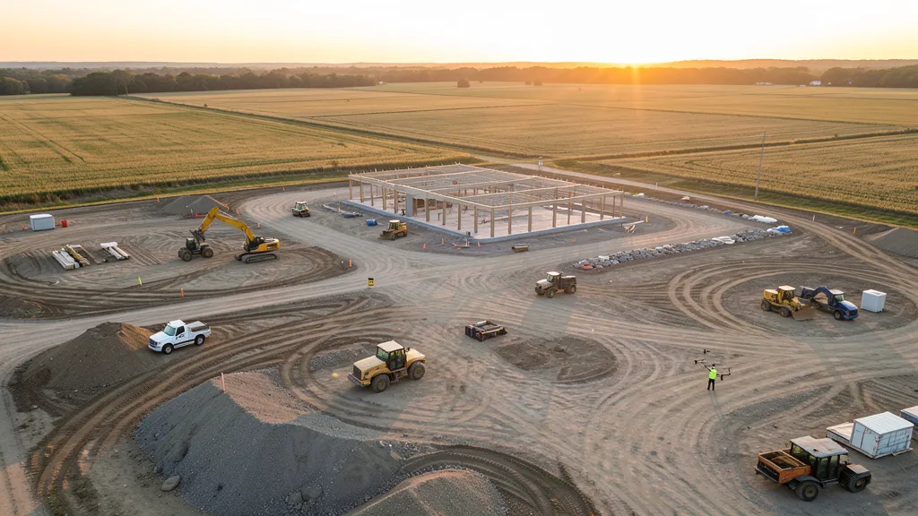 aerial imaging in progress at a construction site in Schaumburg, IL with local terrain visible