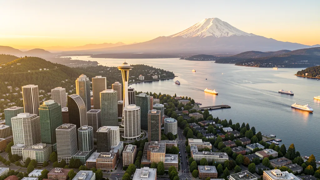 Aerial view of Seattle, WA showing the local landscape and terrain relevant to aerial imaging operations