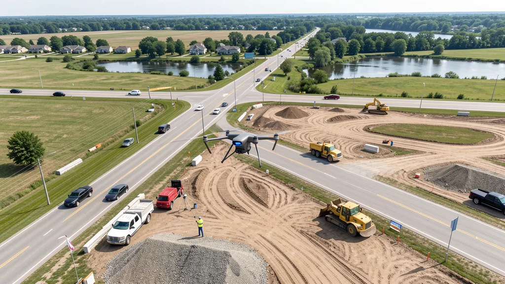 aerial imaging in progress at a construction site in Shelby Township, MI with local terrain visible
