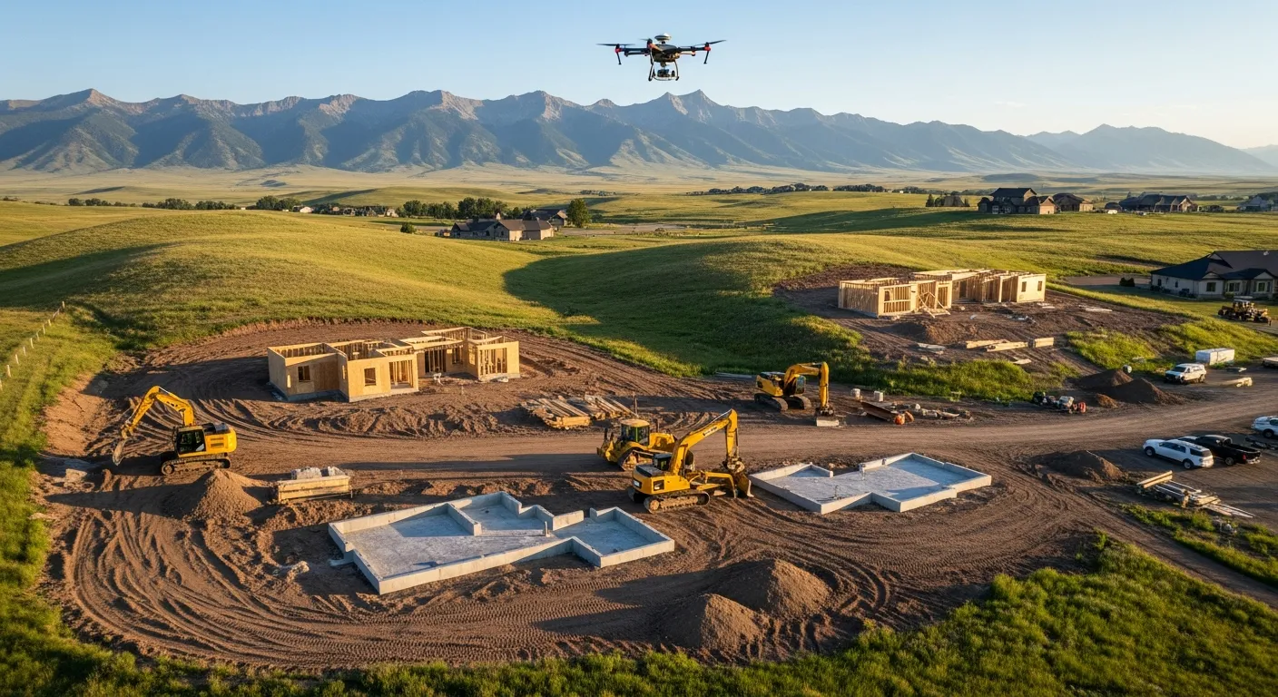 aerial imaging in progress at a construction site in Sheridan, WY with local terrain visible