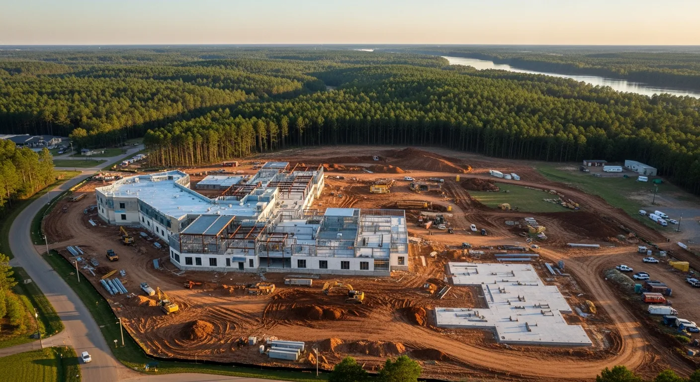 aerial imaging in progress at a construction site in Shreveport, LA with local terrain visible