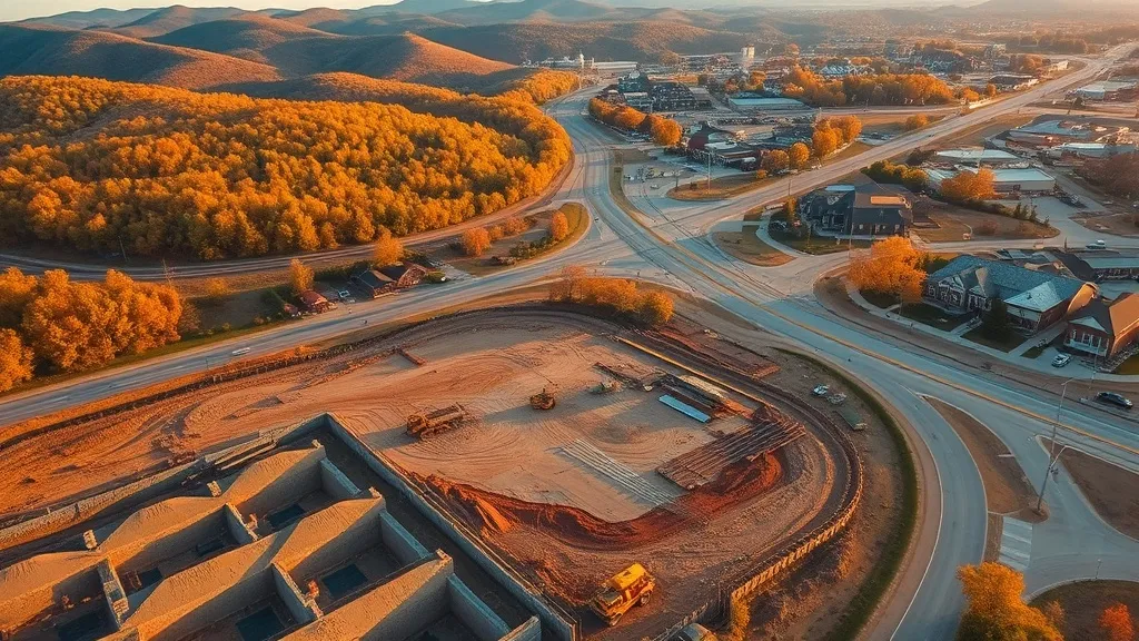 aerial imaging in progress at a construction site in Siloam Springs, AR with local terrain visible