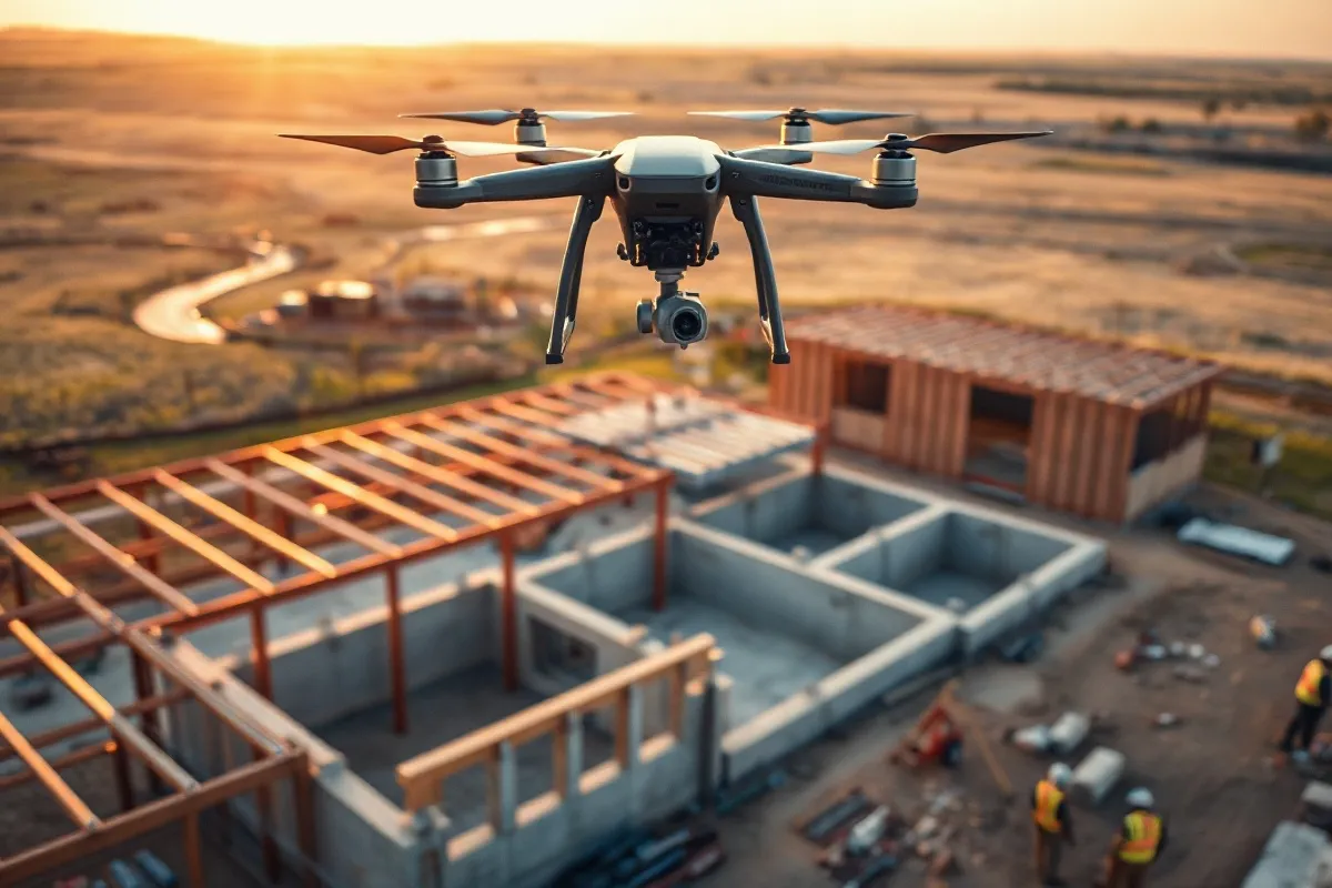 aerial imaging in progress at a construction site in Sioux Falls, SD with local terrain visible