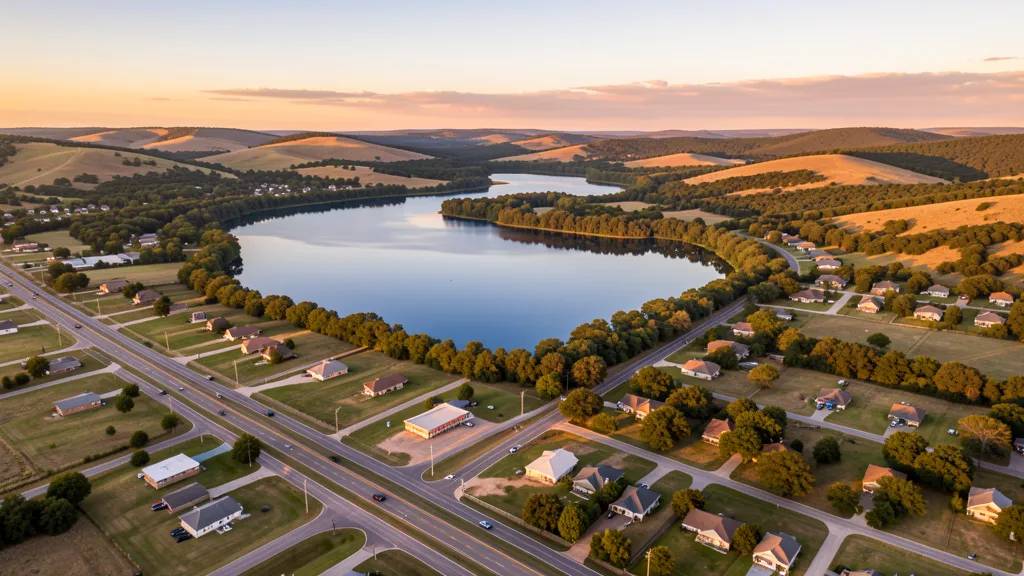 Aerial view of Skiatook, OK showing the local landscape and terrain relevant to aerial imaging operations