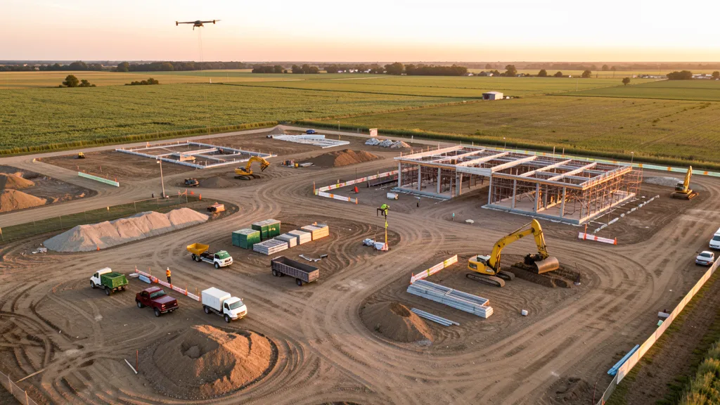 aerial imaging in progress at a construction site in Skokie, IL with local terrain visible