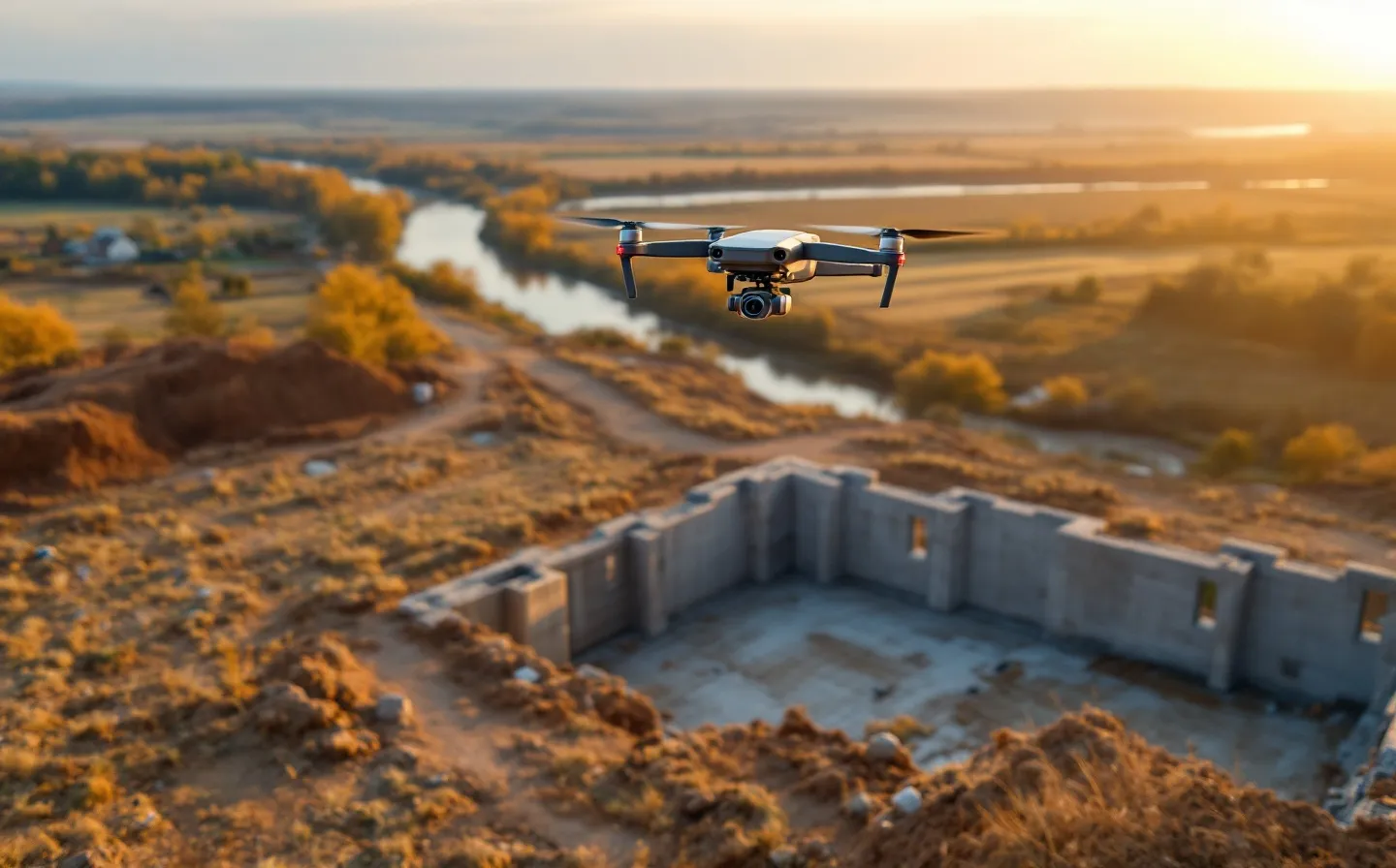 aerial imaging in progress at a construction site in South Bend, IN with local terrain visible