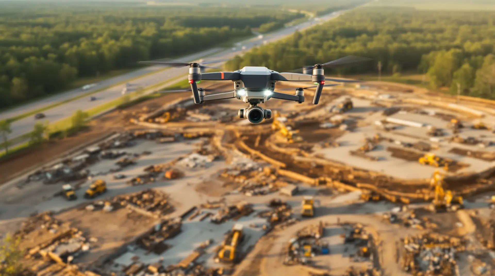 aerial imaging in progress at a construction site in Southaven, MS with local terrain visible
