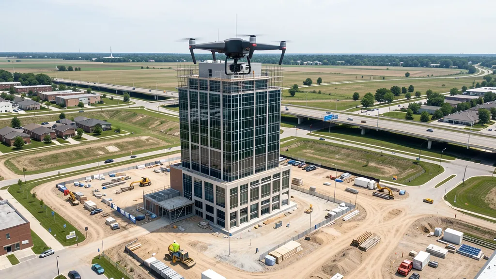 aerial imaging in progress at a construction site in Southfield, MI with local terrain visible