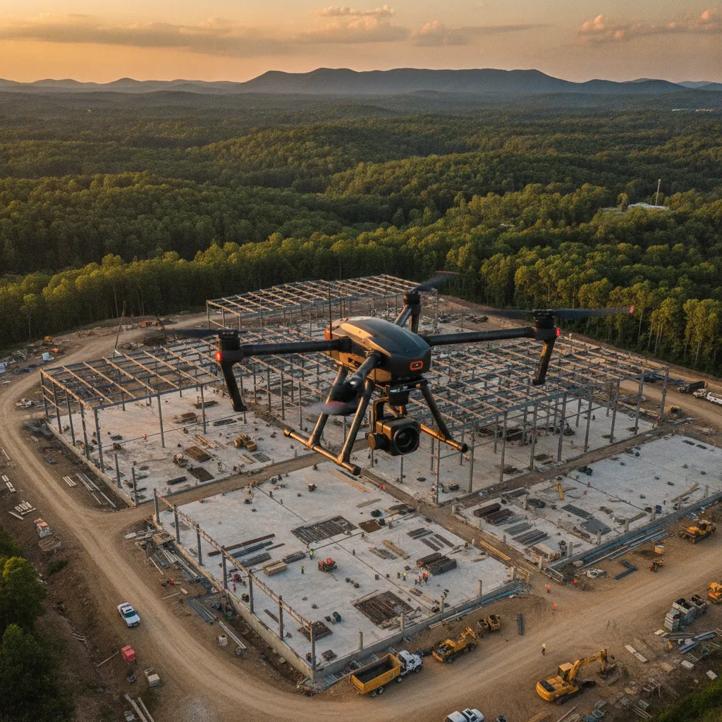 aerial imaging in progress at a construction site in Spartanburg, SC with local terrain visible