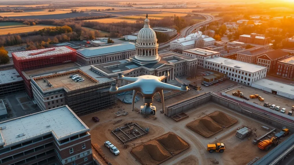aerial imaging in progress at a construction site in Springfield, IL with local terrain visible