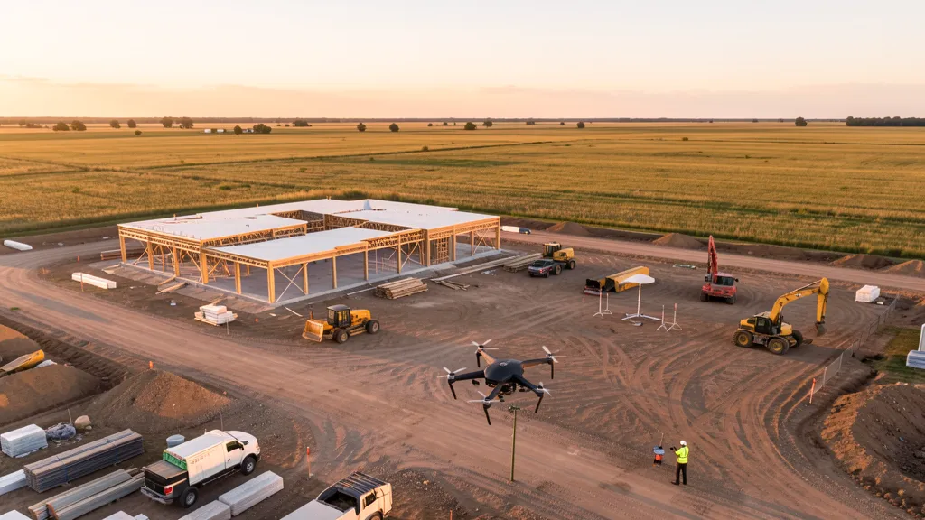 aerial imaging in progress at a construction site in St. Charles, IL with local terrain visible