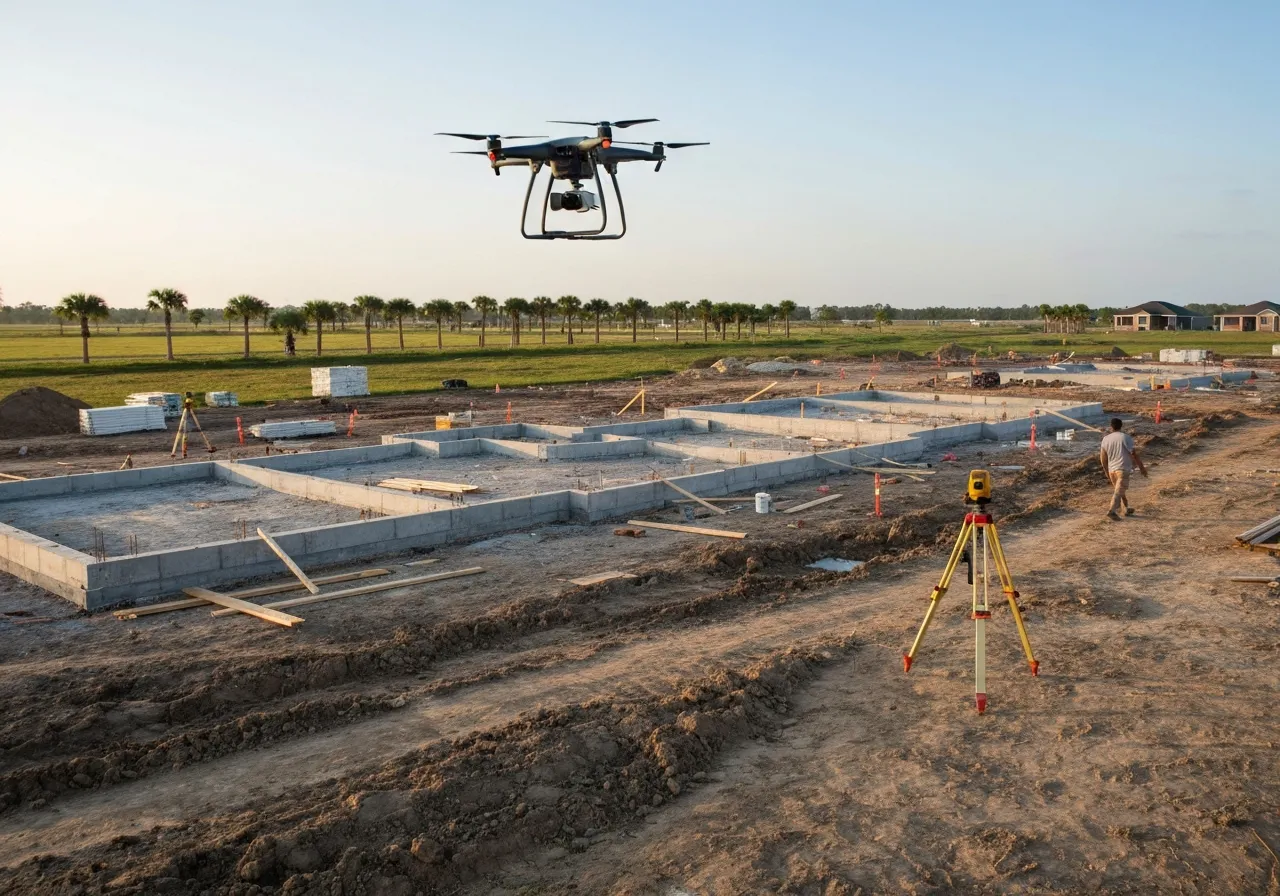 aerial imaging in progress at a construction site in St. Cloud, FL with local terrain visible