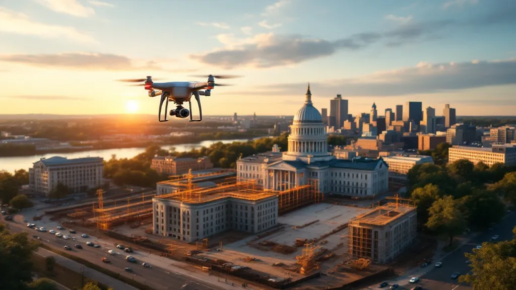 aerial imaging in progress at a construction site in St. Paul, MN with local terrain visible