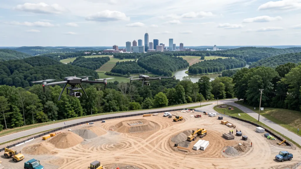 aerial imaging in progress at a construction site in State College, PA with local terrain visible
