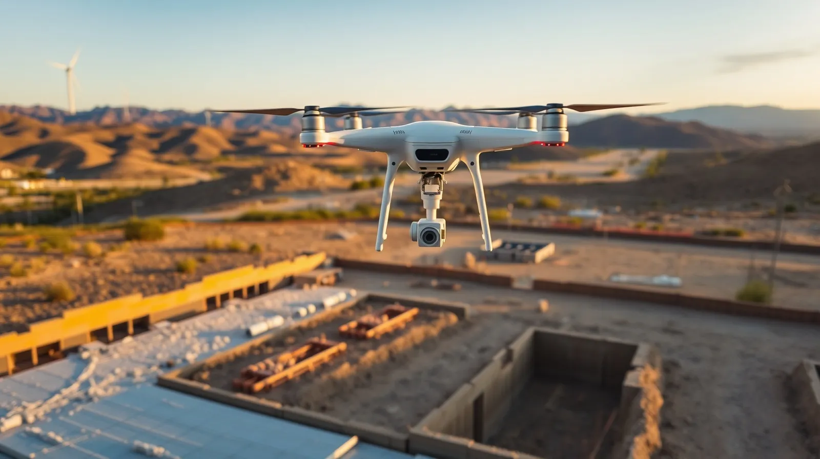 aerial imaging in progress at a construction site in Tehachapi, CA with local terrain visible