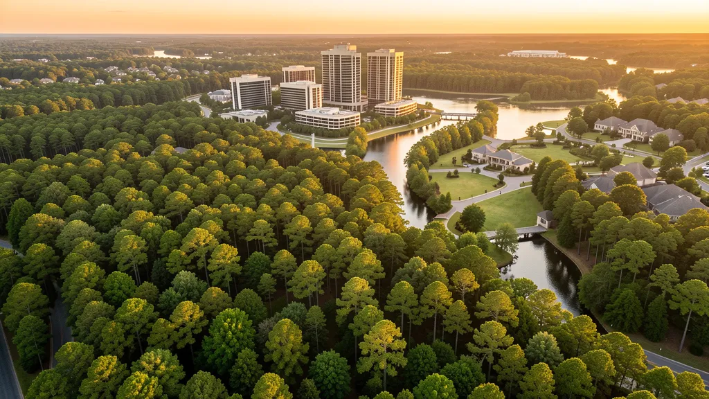 Aerial view of The Woodlands, TX showing the local landscape and terrain relevant to aerial imaging operations
